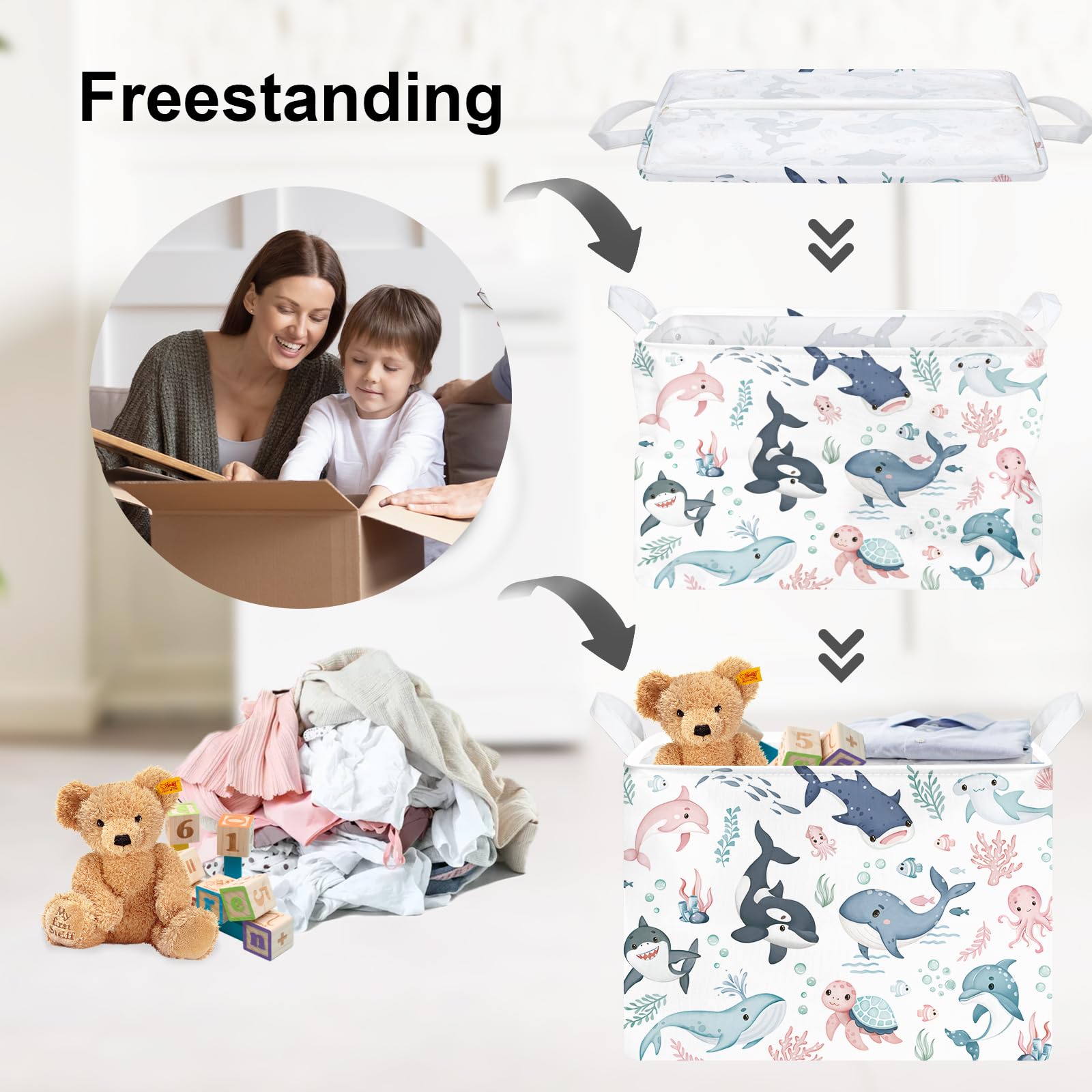 Clastyle Adorable Ocean Animal Laundry Basket Shark Kids Clothes Book Storage Basket Gift Toy Box for Bedroom Decor,Whale,40x30x30 cm