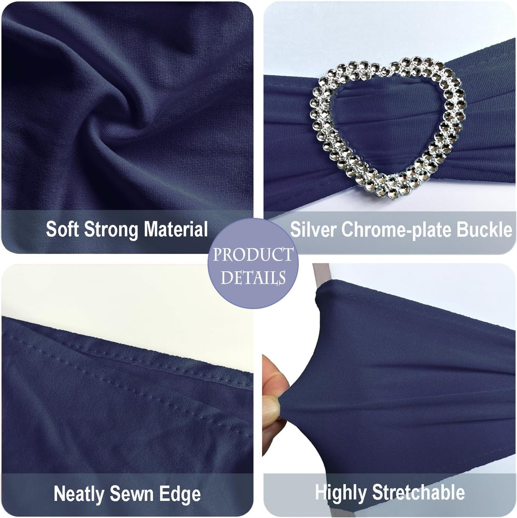 Skiennix Navy Blue Chair Sashes - 30 Pack Universal Elastic Bows with Heart Buckle for Weddings & Events
