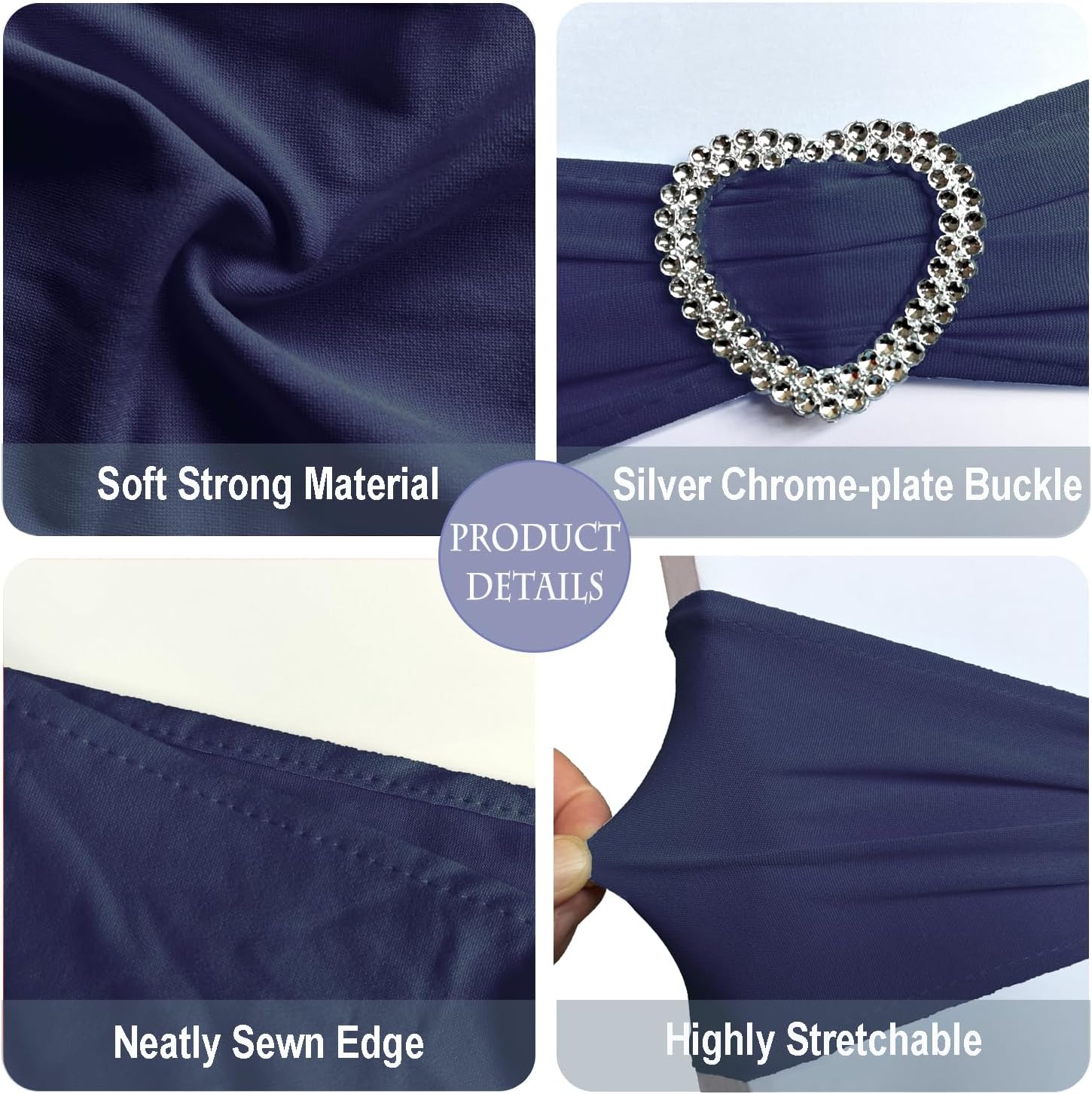 Skiennix Navy Blue Chair Sashes - 30 Pack Universal Elastic Bows with Heart Buckle for Weddings & Events