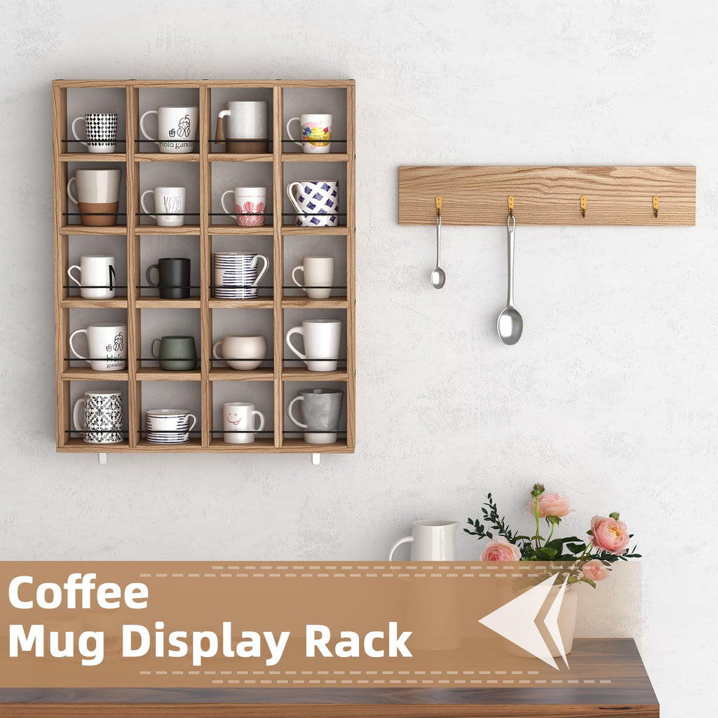 WYJREES Wooden Coffee Mug Display Rack, Wall Mounted Coffee Cup Display Shelf, Hold 24 Mugs, Rustic Shot Glass Display Case, Coffee Mug Holder Organizer for Kitchen, Coffee Station (23.6 * 29.5in)