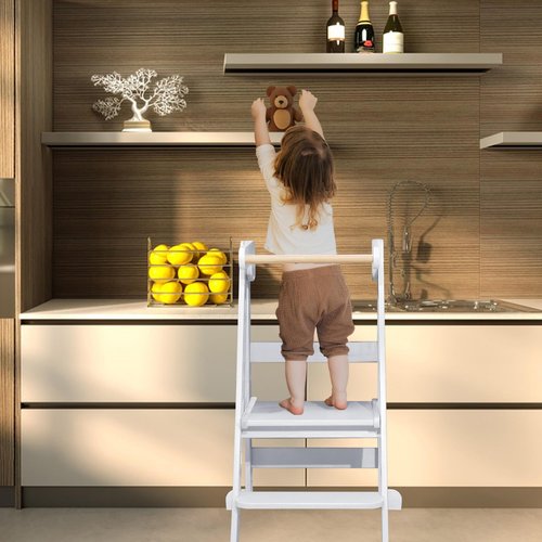TDKDHoming Foldable Toddler Tower Preassembled Kitchen Stool, Folding Tower for Learning with 3 Adjustable Heights Montessori Toddler Standing Tower Collapsible Step Stool for Kids 1.5-6y，White