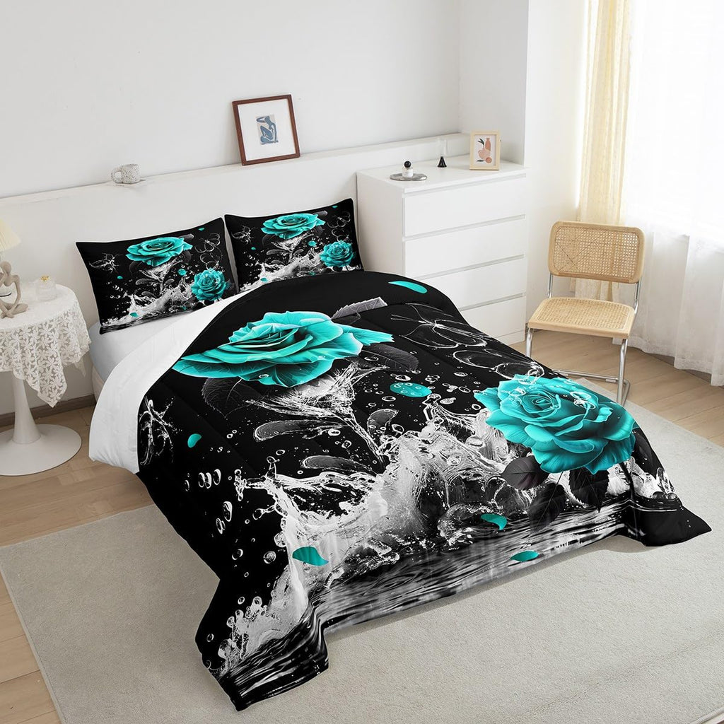Feelyou Teal Rose Bedding Set Queen Size Romantic Floral Blossom Comforter Set for Adult Black Teal Comforter Reflection on Water Quilt Set 3Pcs