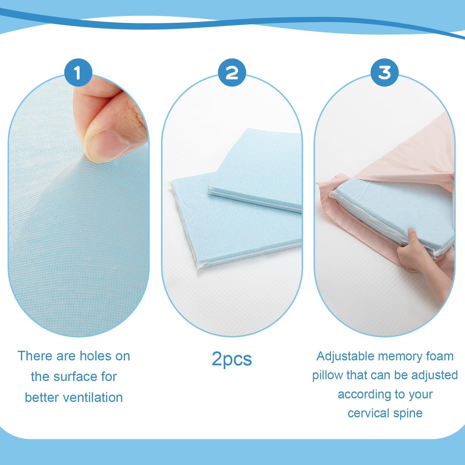 Beeveer 2 Pcs Adjustable Memory Foam Pillow, Thin Height 1.2'' Soft Insert Slim Flat Pillow for Neck Support Neck Pain Relief for Back, Side, Stomach Sleeper (23.6'' x 14.2''x 1.2'', Blue)