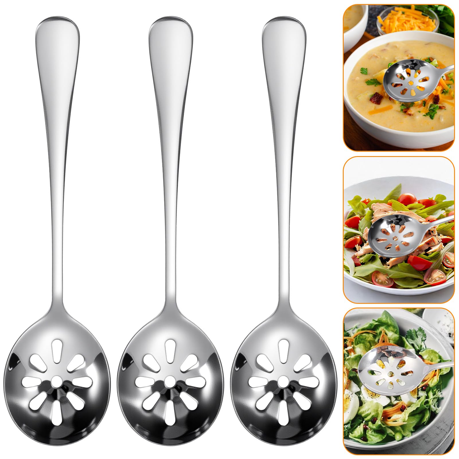 3Pcs Slotted Spoon, Stainless Steel Serving Spoons, Slotted Spoons for Cooking, 7.8 Inch Strainer Spoon for Buffets, Restaurants, Kitchens for Soups, Dips, Cereals(10 Holes)