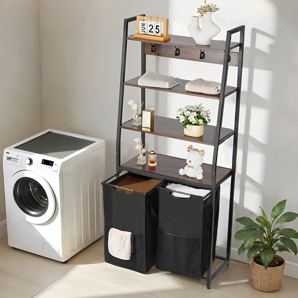 VEVOR 4 Tiers Laundry Sorter, Tall Laundry Hamper with Shelves and Hooks, 2 Section Freestanding Basket Organizer Storage with 600D Oxford Cloth Bags and Ladder Shelves for Dirty Clothes, Bathroom