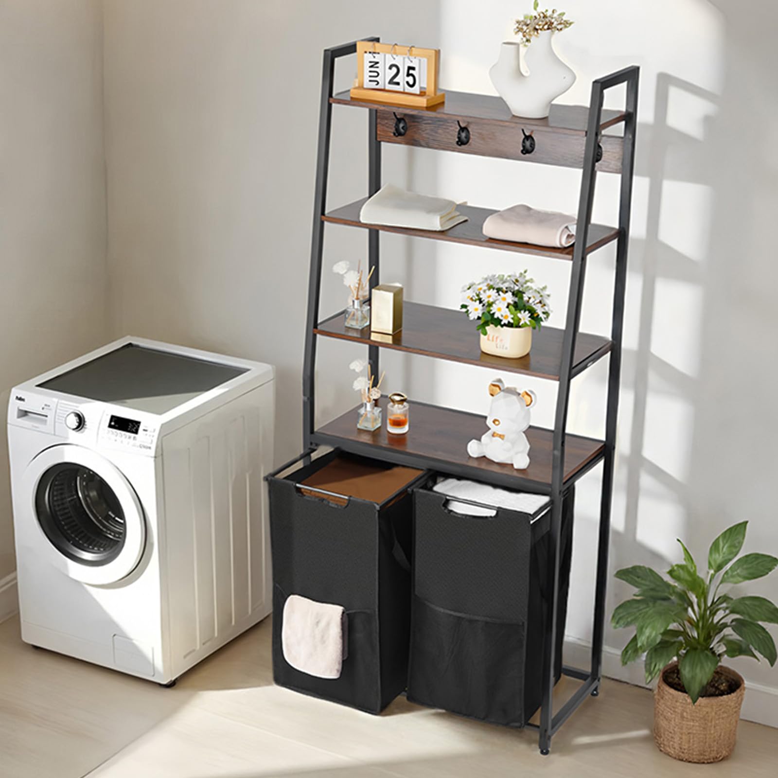 VEVOR 4 Tiers Laundry Sorter, Tall Laundry Hamper with Shelves and Hooks, 2 Section Freestanding Basket Organizer Storage with 600D Oxford Cloth Bags and Ladder Shelves for Dirty Clothes, Bathroom