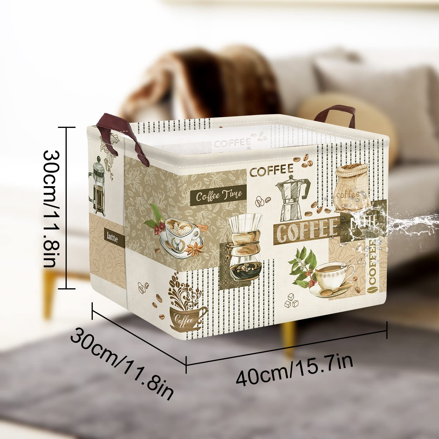 Clastyle Large Breaktime Coffee Theme Storage Basket Coffee Bean Cup Snack Kitchen Storage Bin Rectangle Brown Basket for Clothes Toy Book
