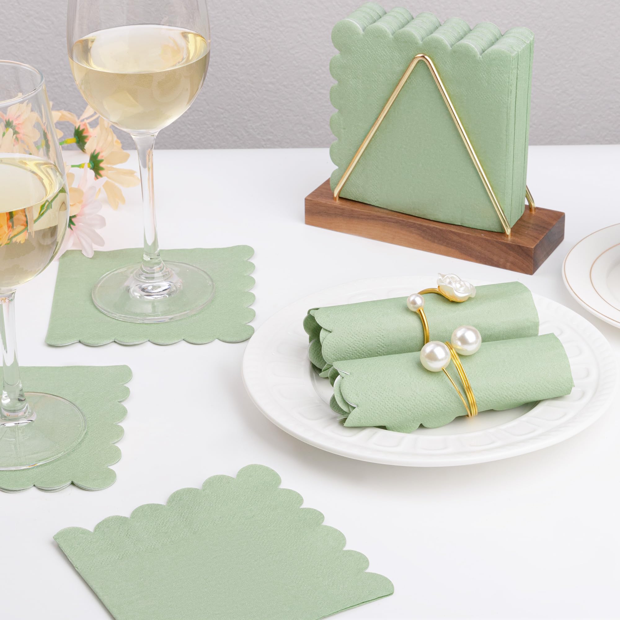 100 Pcs Sage Green Napkins Scalloped Edged Dessert Cocktail Napkins Folded 5 x 5 Inches Disposable Napkins for Dinner Wedding Birthday Party