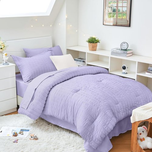 HYMOKEGE Twin XL Comforter Set - Light Purple Seersucker 5-Piece Luxury Bedding Set