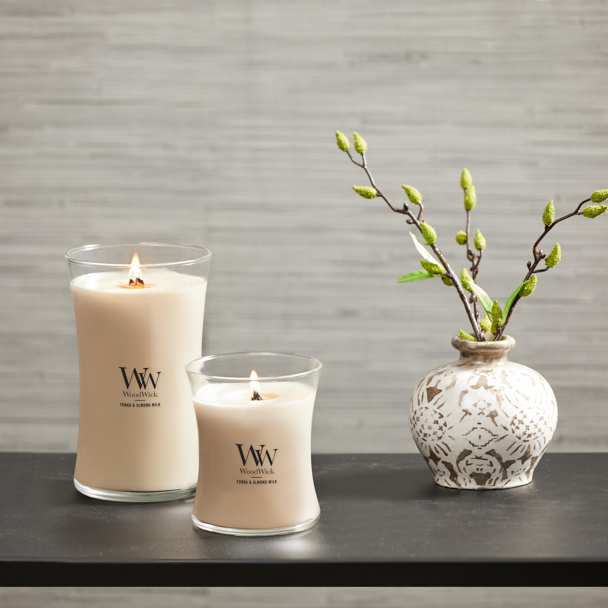 WoodWick Tonka & Almond Milk Gifts for Women and Men, 9.7 oz Medium Hourglass Candle with Crackling Wick