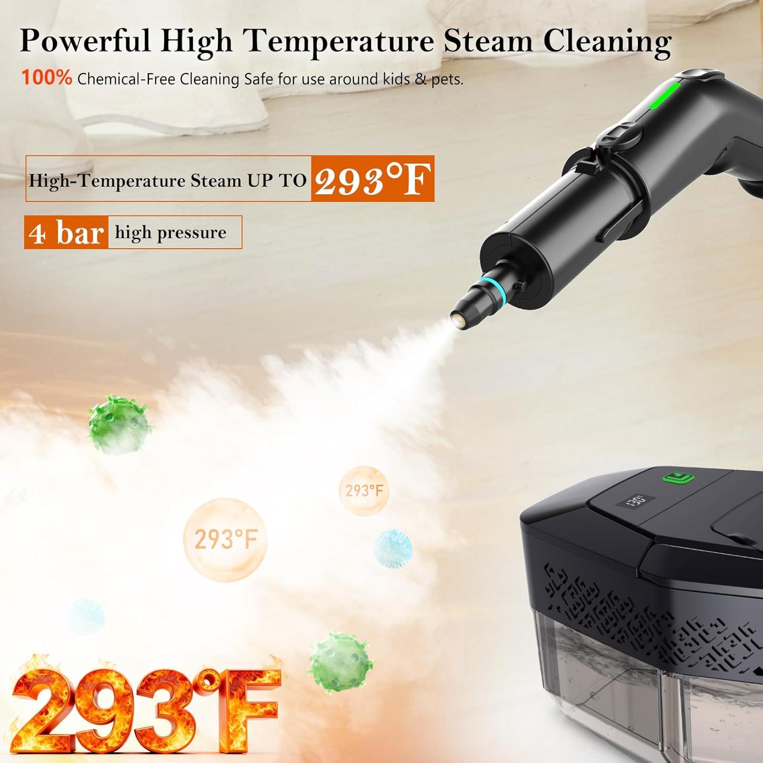 Skiennix Steam Cleaner - 3-Level Adjustable Handle, 15s Heat-Up, 1.8L Tank, 12 Accessories | Ideal for Home & Car Cleaning