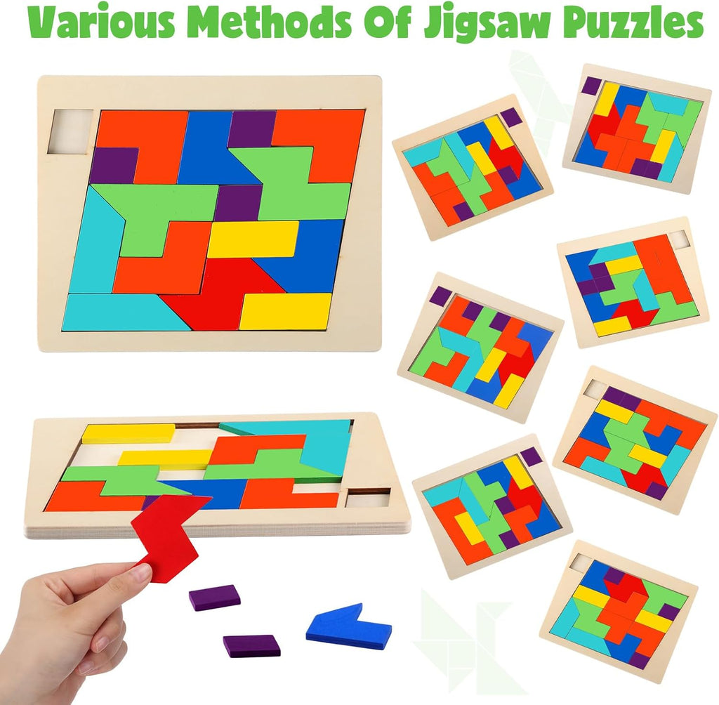Yunsailing Large Hexagon Tangram Puzzle - 3 Pack Wooden Brain Teasers for Adults | Classic Geometric Challenge