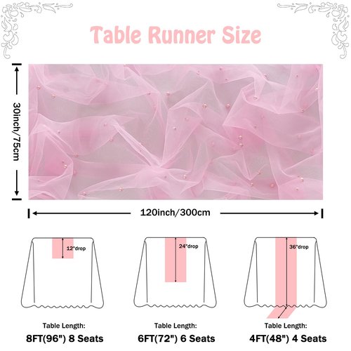 Fanami 1 Pack Pearl Table Runner -10FT Blush Pink Boho Tulle Table Runners 120 Inches Long Rustic Sheer Lace Fabric Centerpieces for Wedding Arch Birthday Party Bridal Veil Baby Shower Decorations