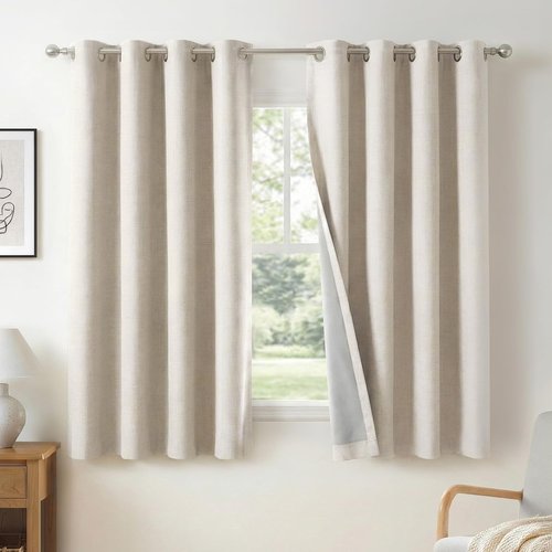 100% Blackout Shield Linen Blackout Curtains - Thermal Insulated Drapes for Bedroom & Living Room | Beige, 40" W x 45" L, 2 Panels