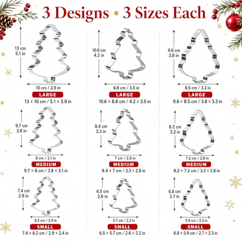 Christmas Tree Cookie Cutters Set, 9-Piece Stainless Steel Bakeware
