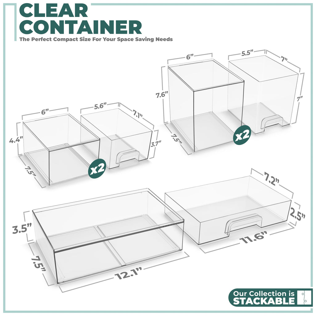 Sorbus Stackable Acrylic Storage Drawers – 2 Small + 2 Tall + 1 Wide – 5 Pack Clear Plastic Organizer Bins for Baby Bottles, Makeup, Bathroom & Vanity, Pull-Out Drawer Design for Kitchen Cabinets