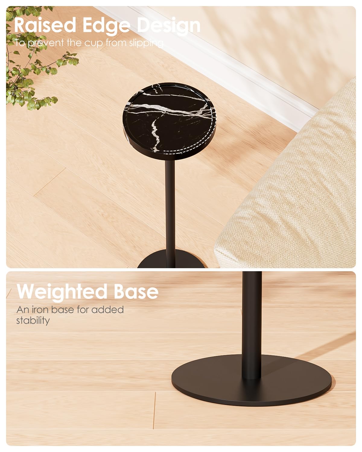 AEPOALUA Drink Table, Small Pedestal Side Table, Round Cocktail Table, Circle Accent End Table with Metal Base, for Small Spaces (1, Black Marble)