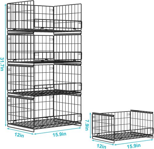 Hongtamoya 4-Tier Closet Organizer - Stackable Storage Shelves for Wardrobe, Kitchen & Office - Black