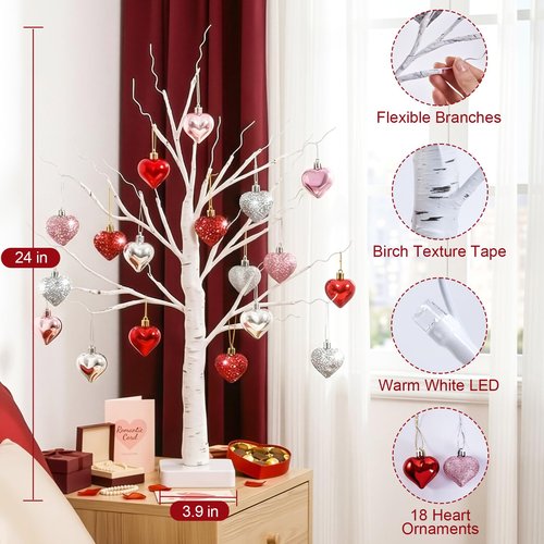 OLANRUN Valentines Day Decorations - 2 FT Birch Tree with 24 LED Warm Light 18 Heart Ornaments Set - Valentines Day Tree Decor for Home Office Bedroom Table Mantel Decor, USB or Battery Powered, White
