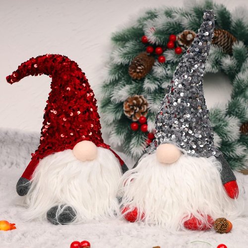 Juegoal 12" Lighted Christmas Gnome - Handmade Scandinavian Tomte with Sequins Hat | Battery Operated Holiday Decor (Set of 2)
