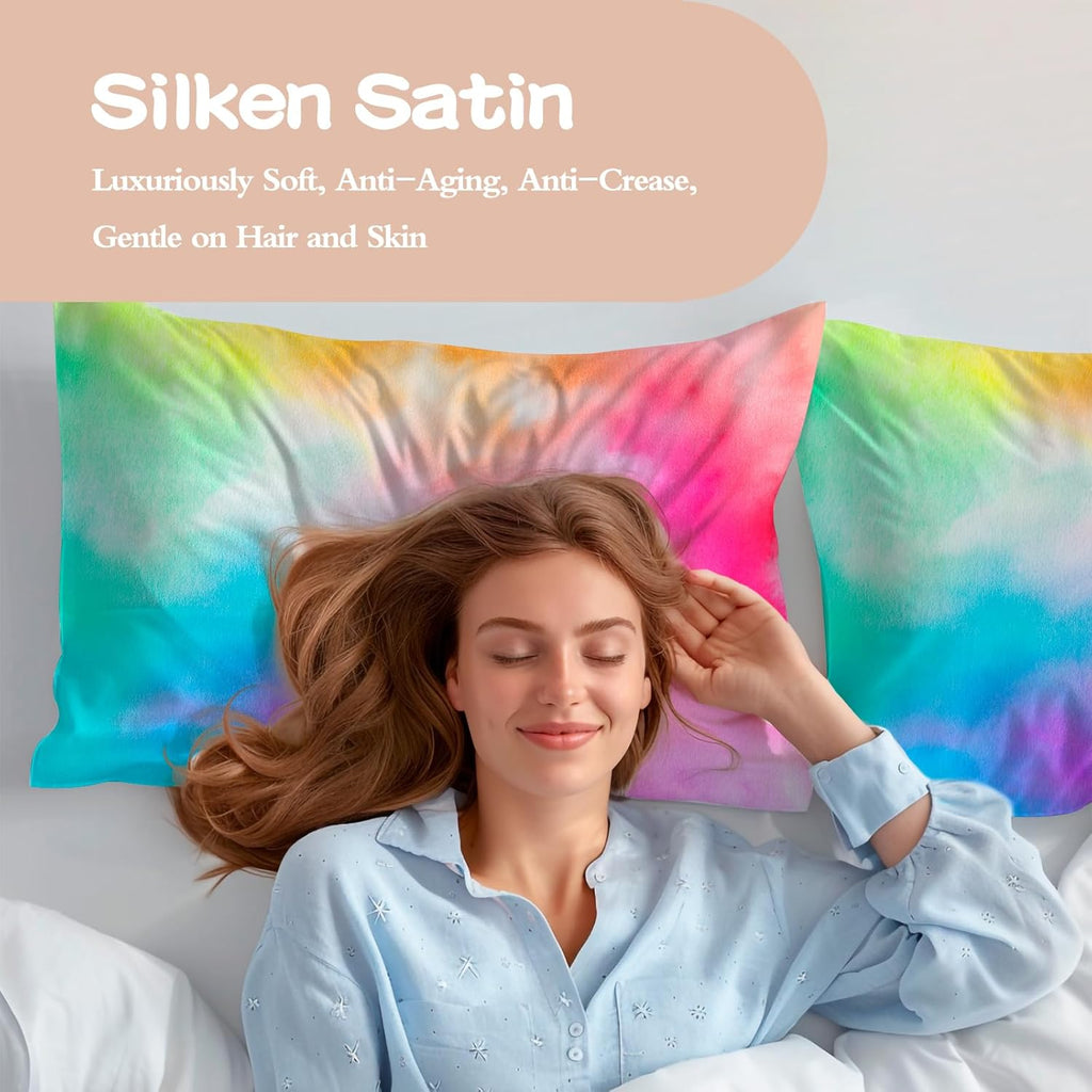 Skiennix Satin Pillowcases - Soft & Cooling for Hair and Skin | Standard Size Set of 2 - Rainbow Tie Dye