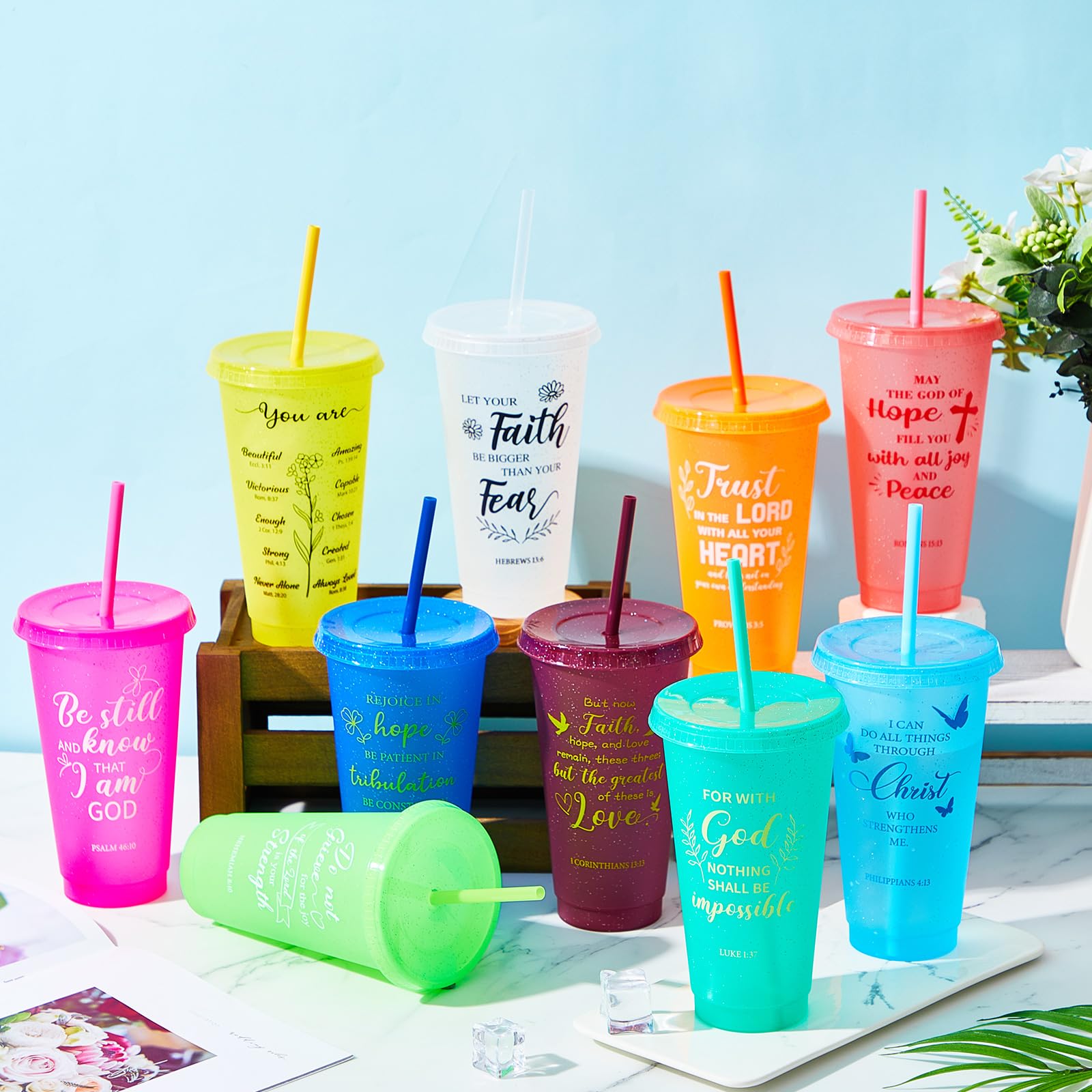 Uiifan 50 Pcs Christian Gifts Cups Bulk for Women, 24oz Bible Verse Christian Tumblers with Lids and Straw, Religious Church Gifts for Mother's Day (Bright Color,Bible)