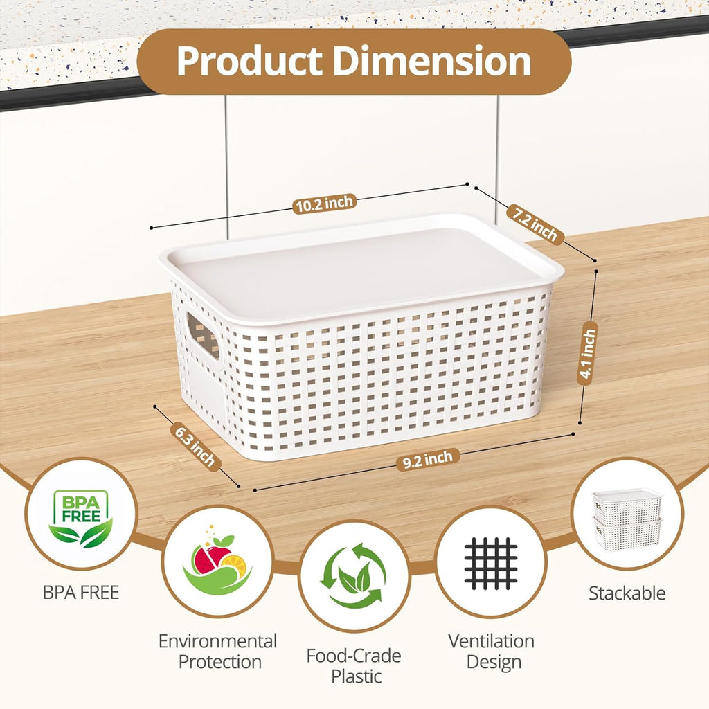 Plastic Storage Basket with Lid - Stackable Organizing Bins for Home & Office | 10.2x7.2x4.1 Inch, White, 8 Pack