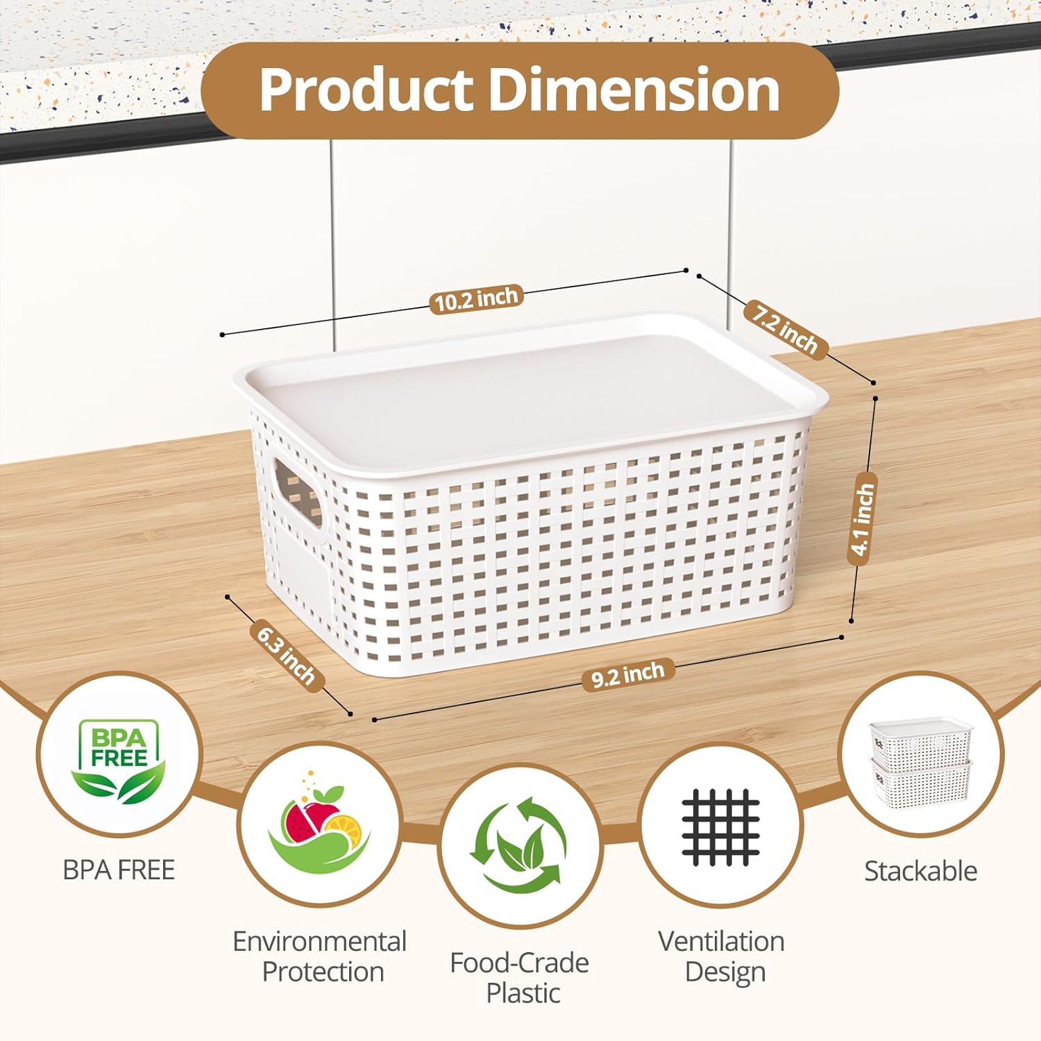 Plastic Storage Basket with Lid - Stackable Organizing Bins for Home & Office | 10.2x7.2x4.1 Inch, White, 8 Pack