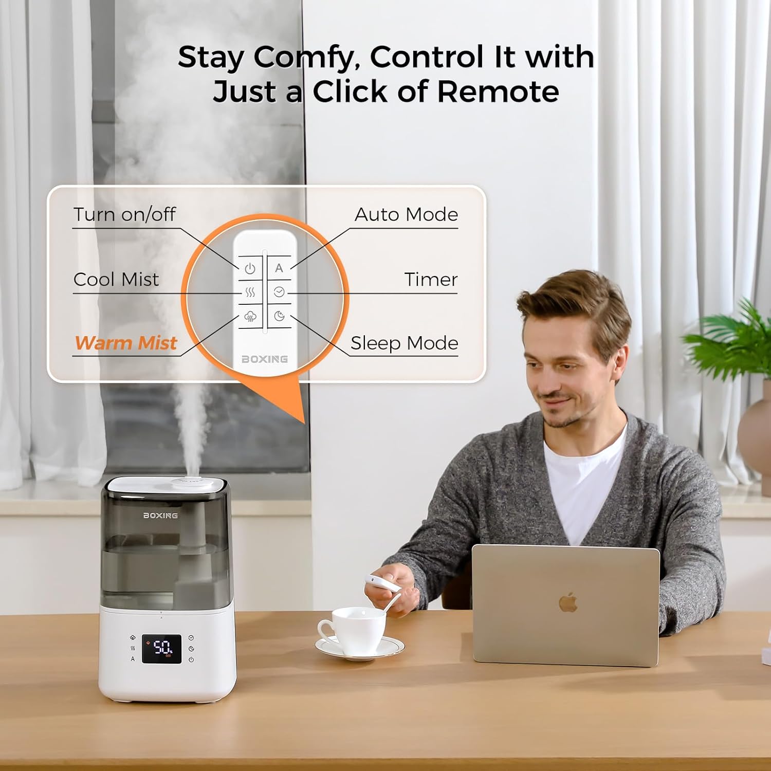 BOXING Ultrasonic Humidifier - 4.5L Warm & Cool Mist Essential Oil Diffuser with Remote | Quiet Sleep Mode, Auto Shut-Off, 45H Runtime