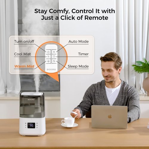 BOXING Warm and Cool Mist Humidifiers for Bedroom Large Room Home,Air Humidifier with Remote,Top Fill Ultrasonic Diffuser Humidifier with humidistat,Quiet Sleep,Timer,Auto Shutoff,BPA-Free,Filter,4.5L