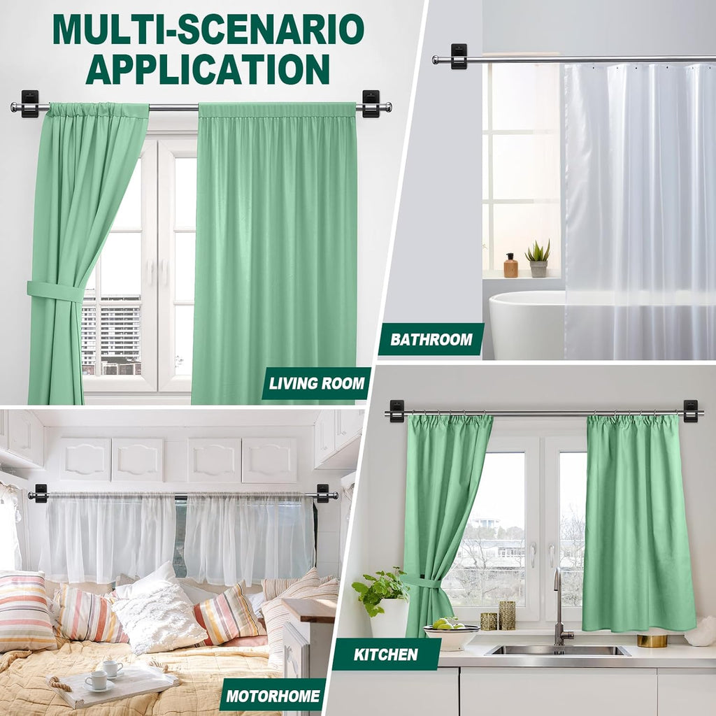 Skiennix No Drill Curtain Rod Brackets - 4 PCS Self Adhesive Hooks, 20lb Capacity | Rental Friendly for Home & Apartment
