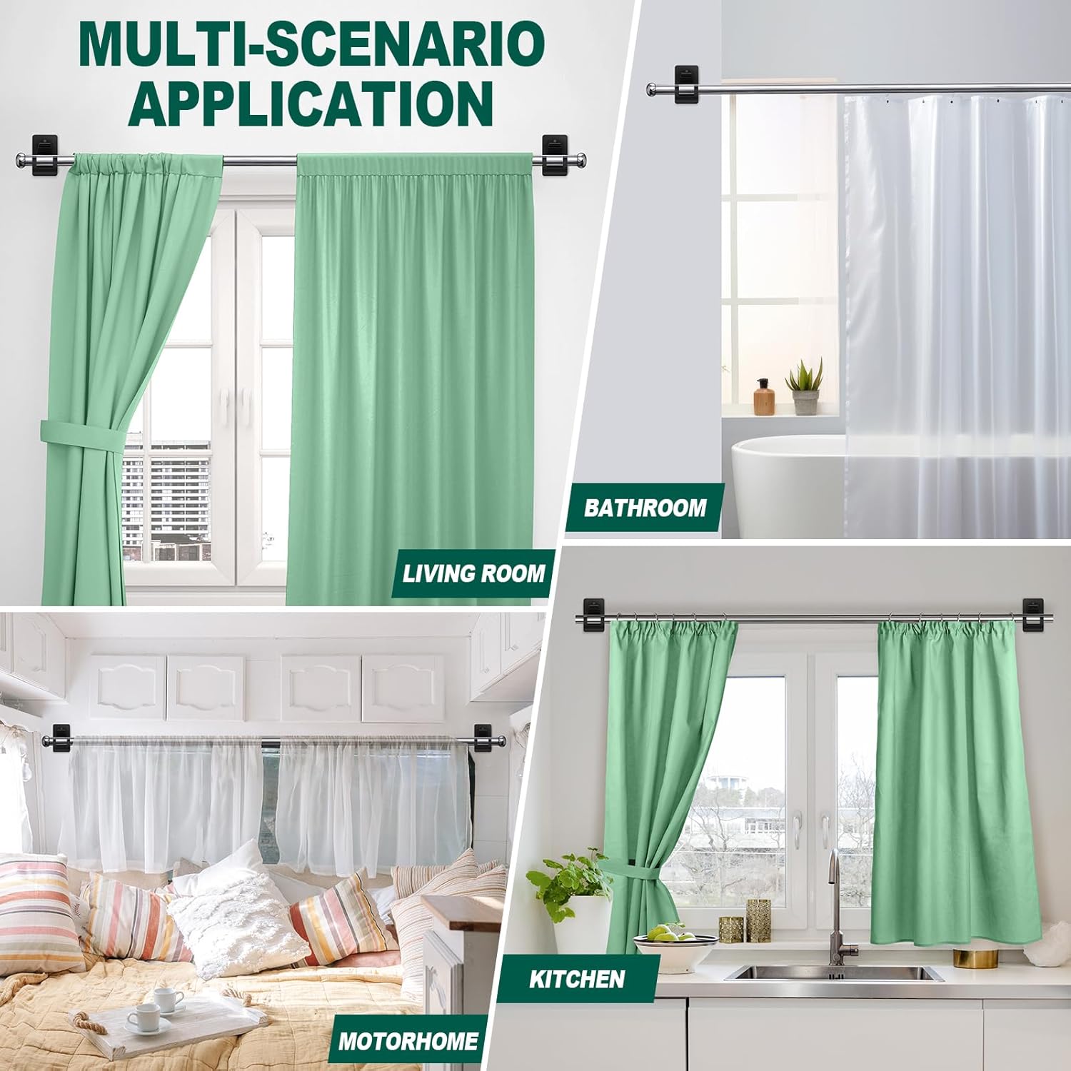 Skiennix No Drill Curtain Rod Brackets - 4 PCS Self Adhesive Hooks, 20lb Capacity | Rental Friendly for Home & Apartment