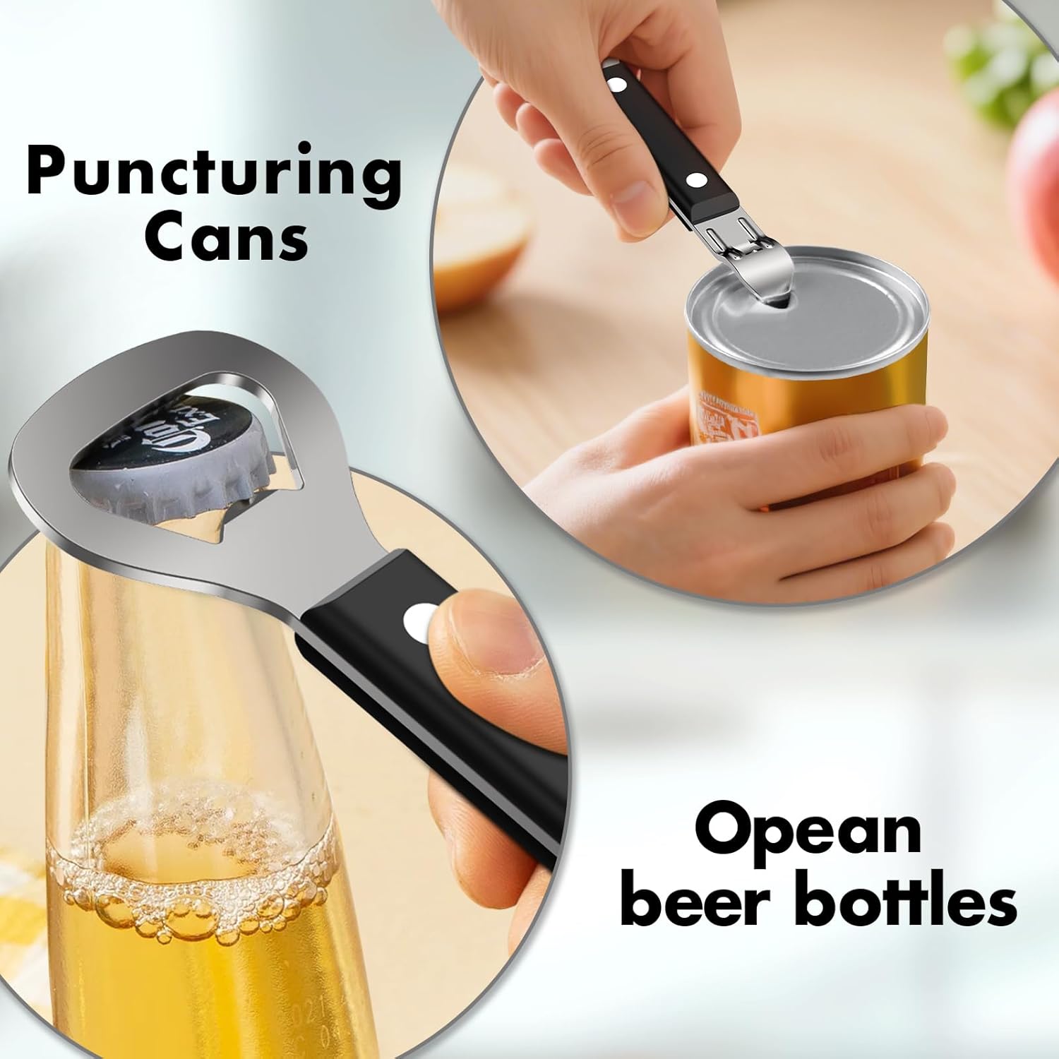 Skiennix Manual Can Opener Set - Heavy Duty Stainless Steel with Smooth Edge & Strong Magnet | 3-Piece Black Kitchen Tool