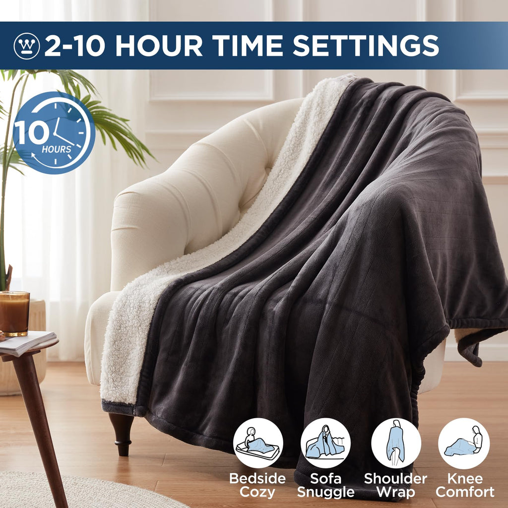 Westinghouse Heated Throw Blanket, Electric Blanket Throw with 6 Heating Levels and 2-10 Hours Time Settings, Flannel to Sherpa Super Cozy Heated Blanket Machine Washable, 50x60 inch, Charcoal