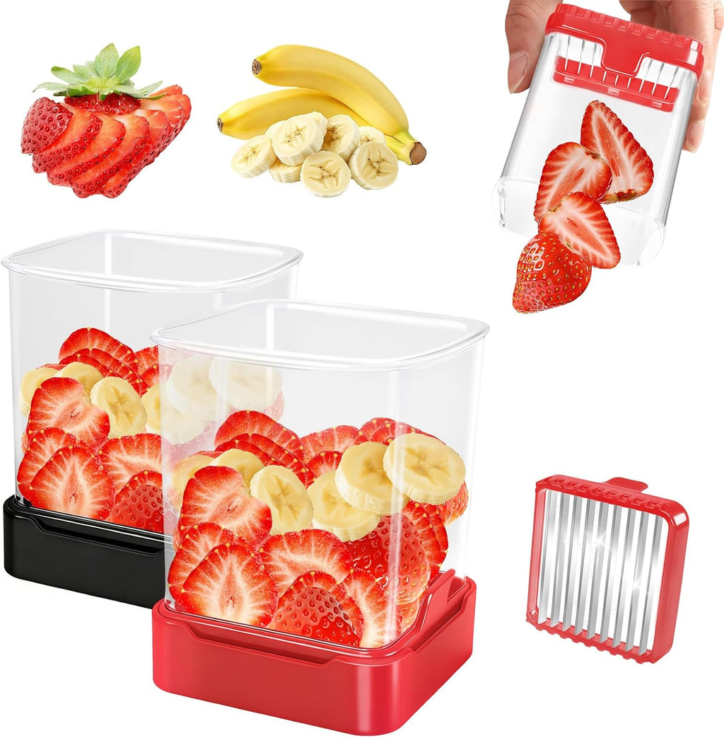 Skiennix Fruit Slicer Cup - Detachable Cutter for Quick Strawberry, Banana & Egg Slicing | Black & Red 2-Pack