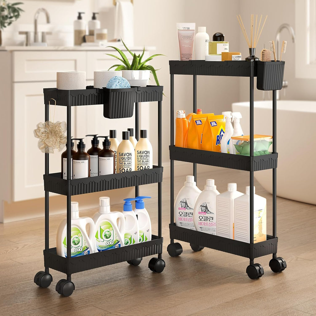 Sevenblue Slim Storage Rolling Cart - 3 Tier Utility Organizer with Wheels for Kitchen & Bathroom (Black)