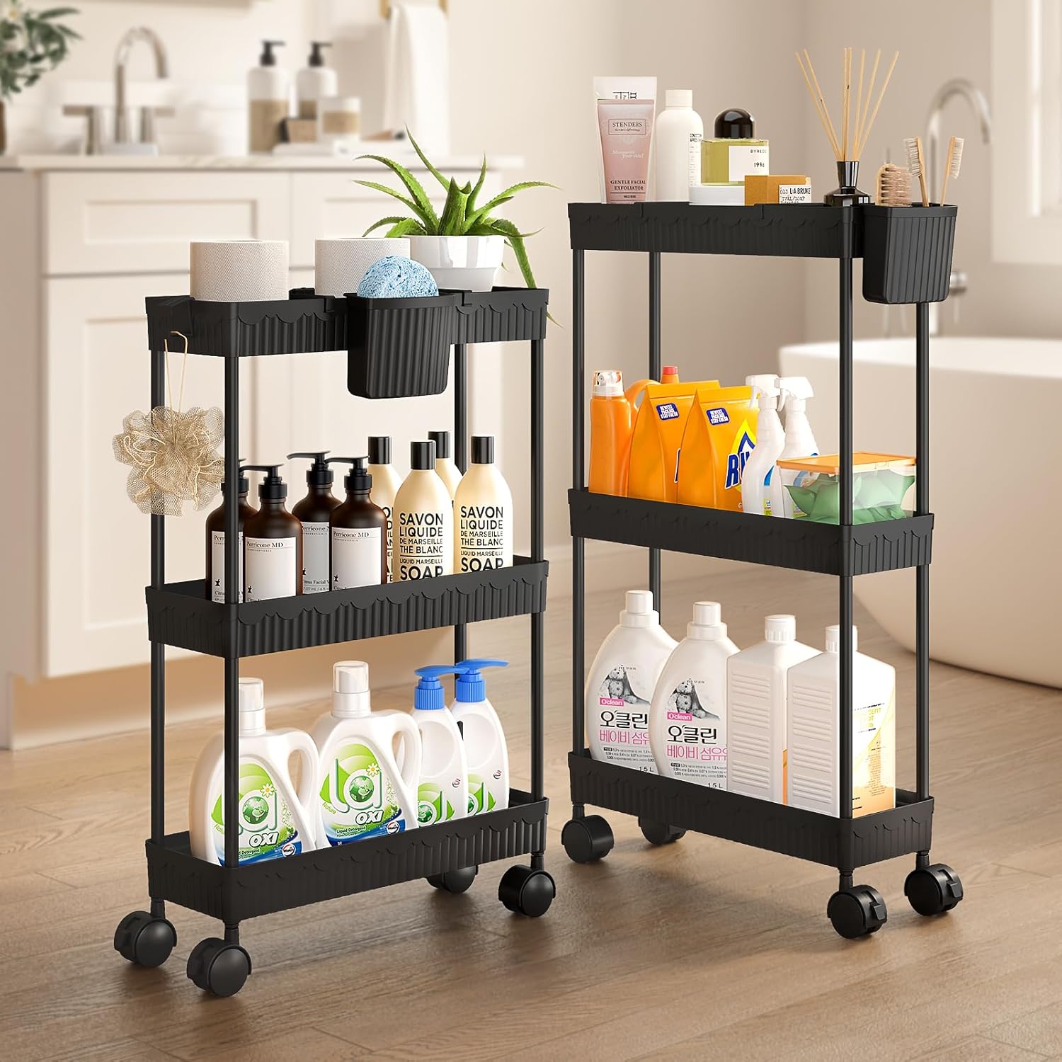 Sevenblue Slim Storage Rolling Cart - 3 Tier Utility Organizer with Wheels for Kitchen & Bathroom (Black)
