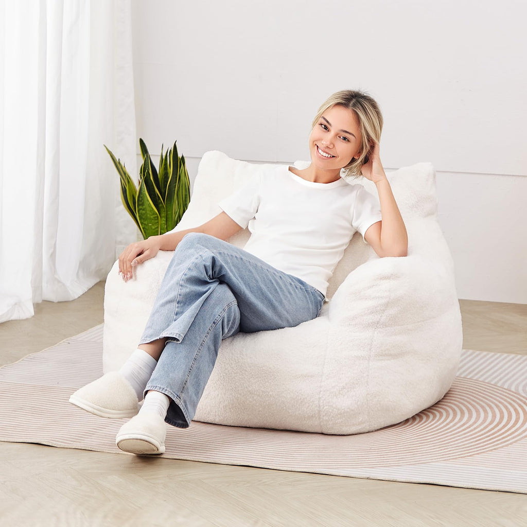 VEVOR Bean Bag Chair, 3 feet Bean Bag Chair with Soft Armrests and Storage Pocket, 25D Memory Foam Filled with Soft Teddy Velvet Cover, Bean Bag for Bedroom or Playroom, White