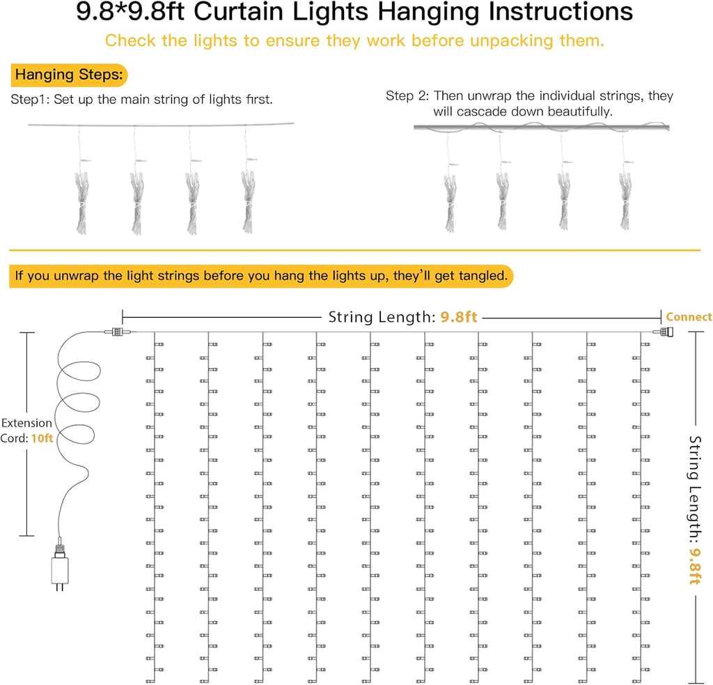 Suddus Curtain Lights - 300 LED Warm White String Lights for Bedroom | 9.8x9.8ft Backdrop Decor
