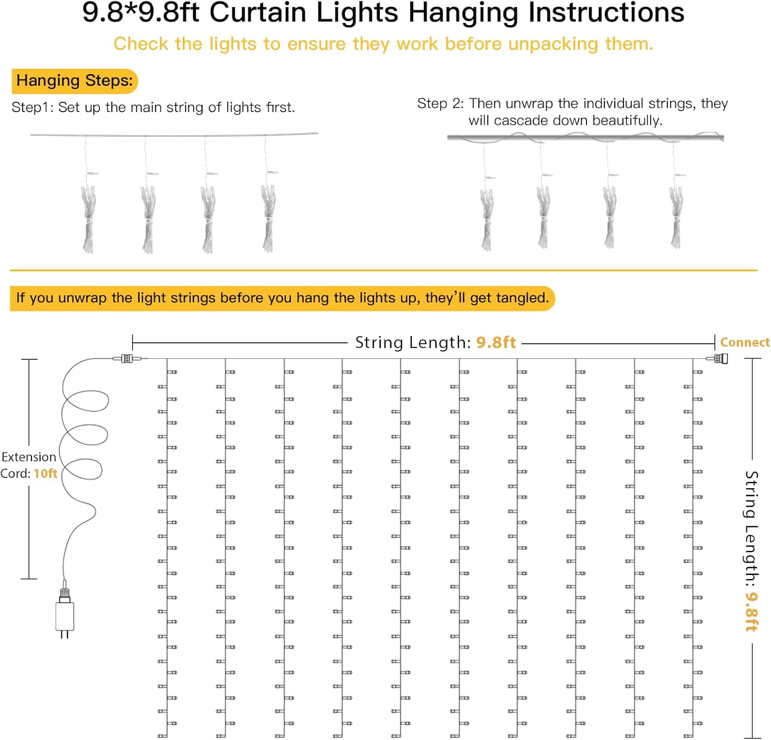 Suddus Curtain Lights - 300 LED Warm White String Lights for Bedroom | 9.8x9.8ft Backdrop Decor
