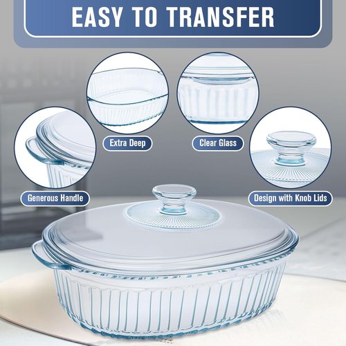 Glass Baking Dishes - 2 Pack Casserole Dishes with Lid | Oval Set for Lasagna & Leftovers, 1.9 Qt & 3 Qt