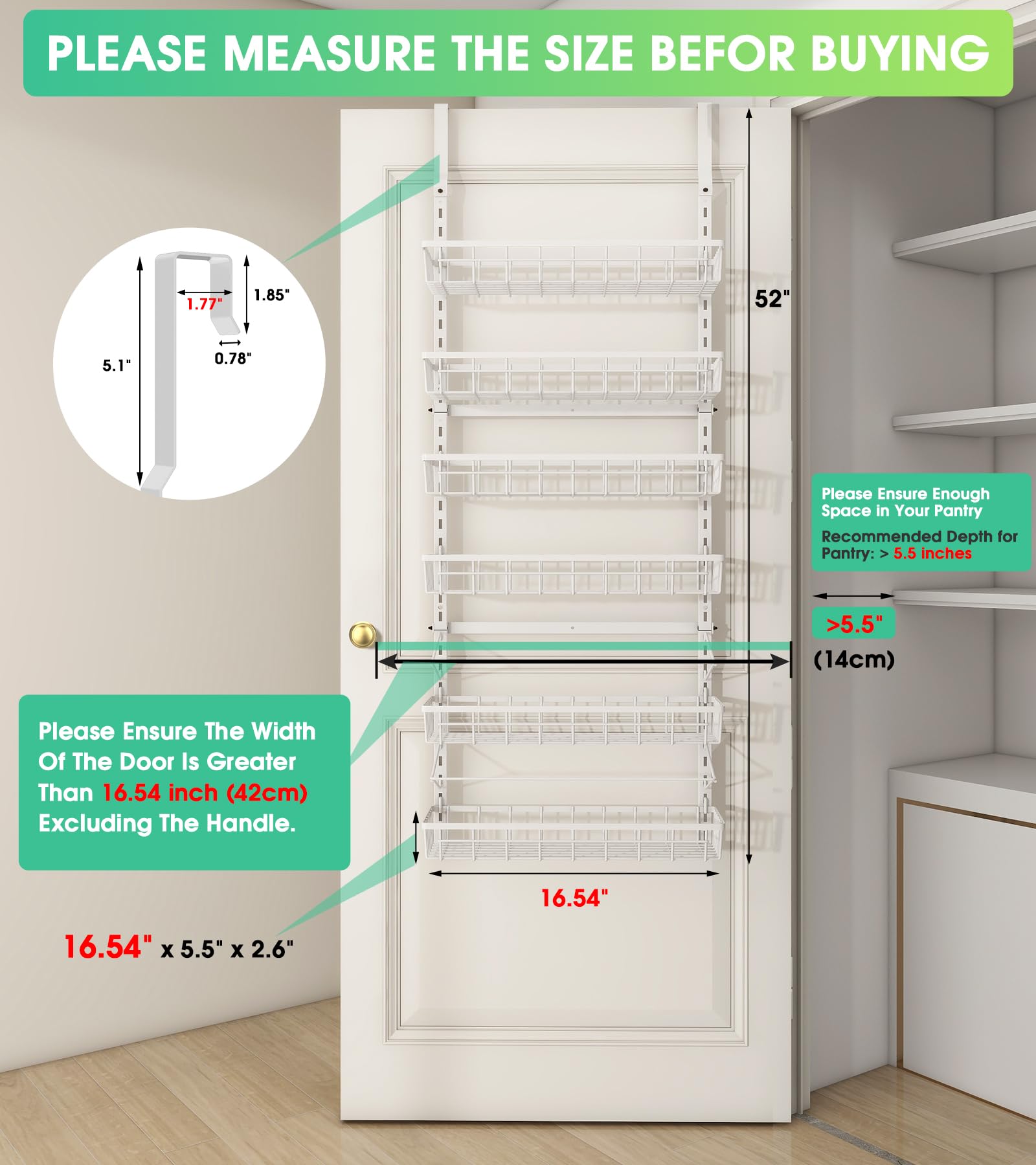 Mefirt Over The Door Pantry Organizer, Wall Mount Spice Rack, Pantry Hanging Storage and Organization, 6 Adjustable Baskets Heavy-Duty Metal for Home & Kitchen, Back of Door Seasoning Rack - White