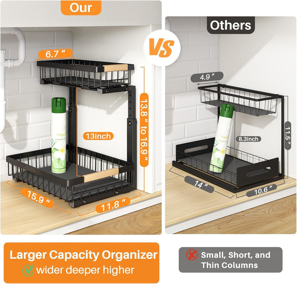 PXRACK Under Sink Organizer, Adjustable Height, 2 Tier Pull Out Under Cabinet Organizer, Slide Out Thickened Metal Under Sink Storage for Kitchen Bathroom Laundry Pantry Cabinet, Black, Large-2-Pack