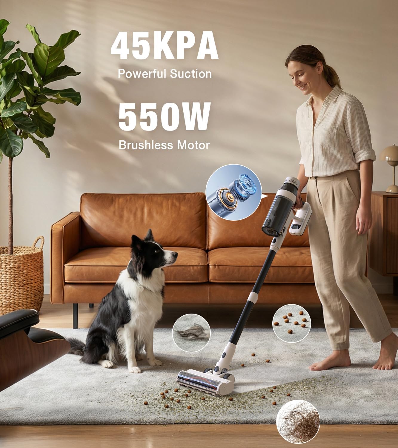 Skiennix Cordless Vacuum Cleaner - 15-in-1 Lightweight Stick Vacuum with LED Light & Anti-Tangle | 55 Minutes Runtime for Home Use