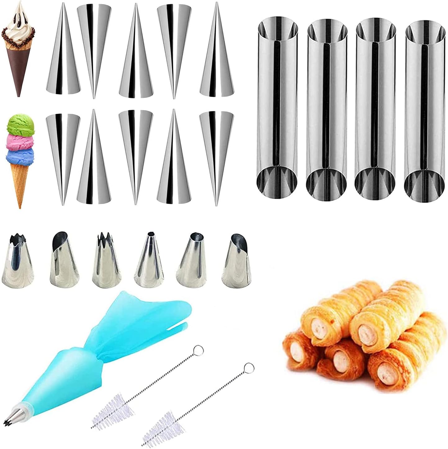 ABSOK Cannoli Tubes - Stainless Steel Cream Roll Molds with Ice Spout & Cleaning Brush | 24 PCS Set