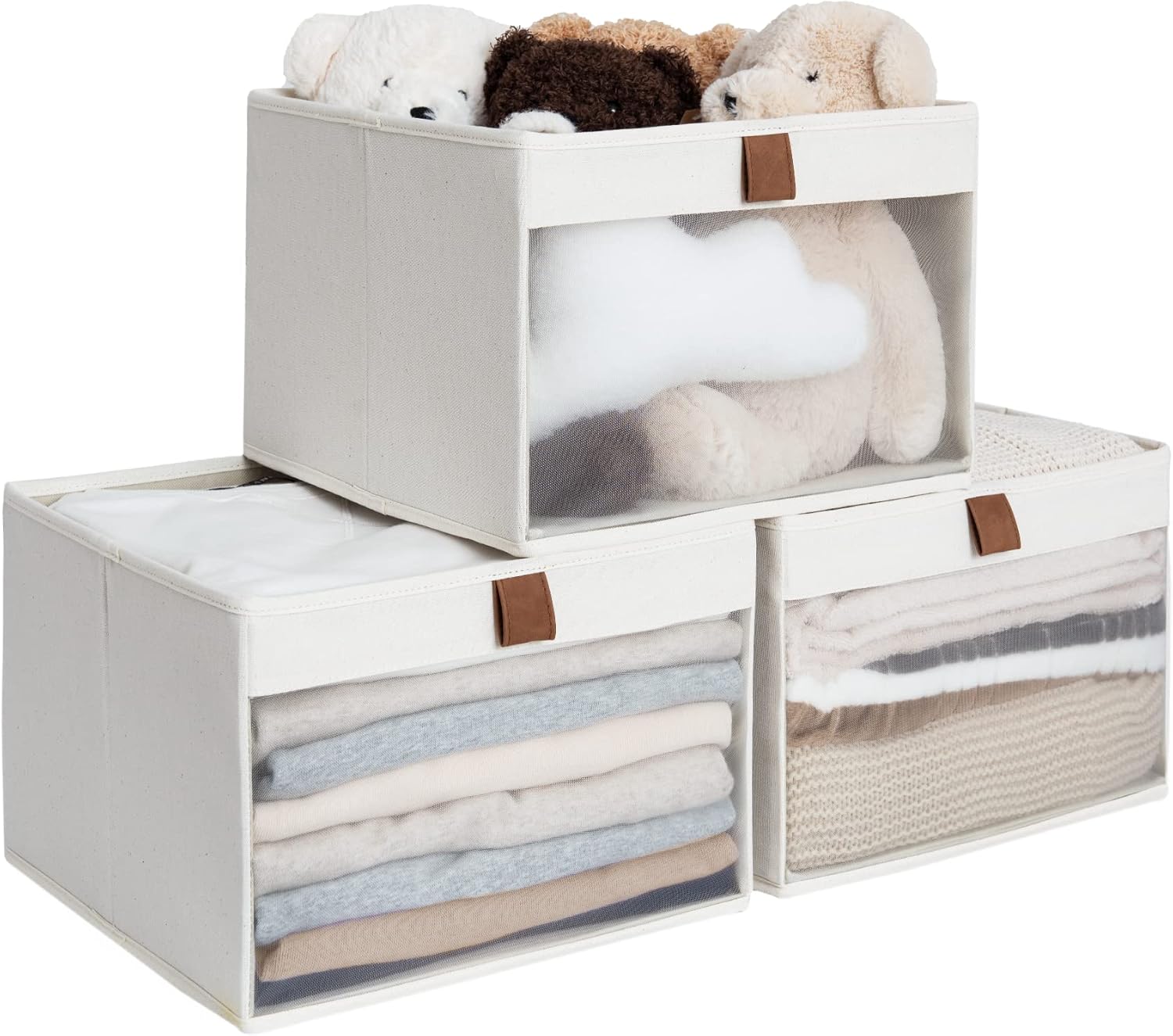 StorageWorks Large Closet Storage Bins - Foldable Fabric Organizers with Clear Window & Handles | Beige, 3 Pack