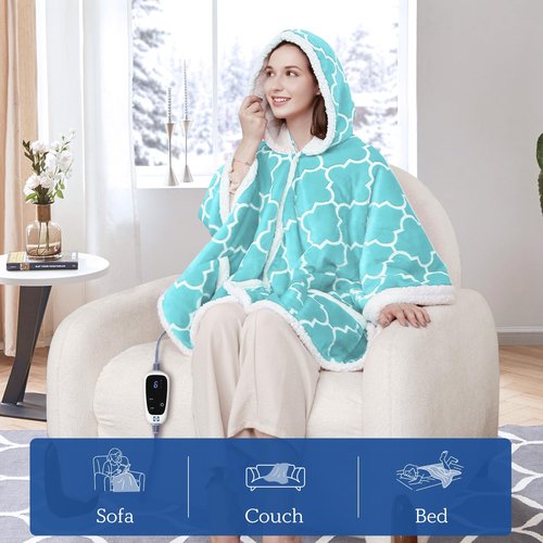 Sealy Wearable Heated Throw Blanket, Flannel & Sherpa Electric Throw Shawl Poncho with Hoodie & Pocket, 6 Heating Levels & 2-10 Hours Auto Shut Off, Machine Washable, 50x60 Inch, Light Blue