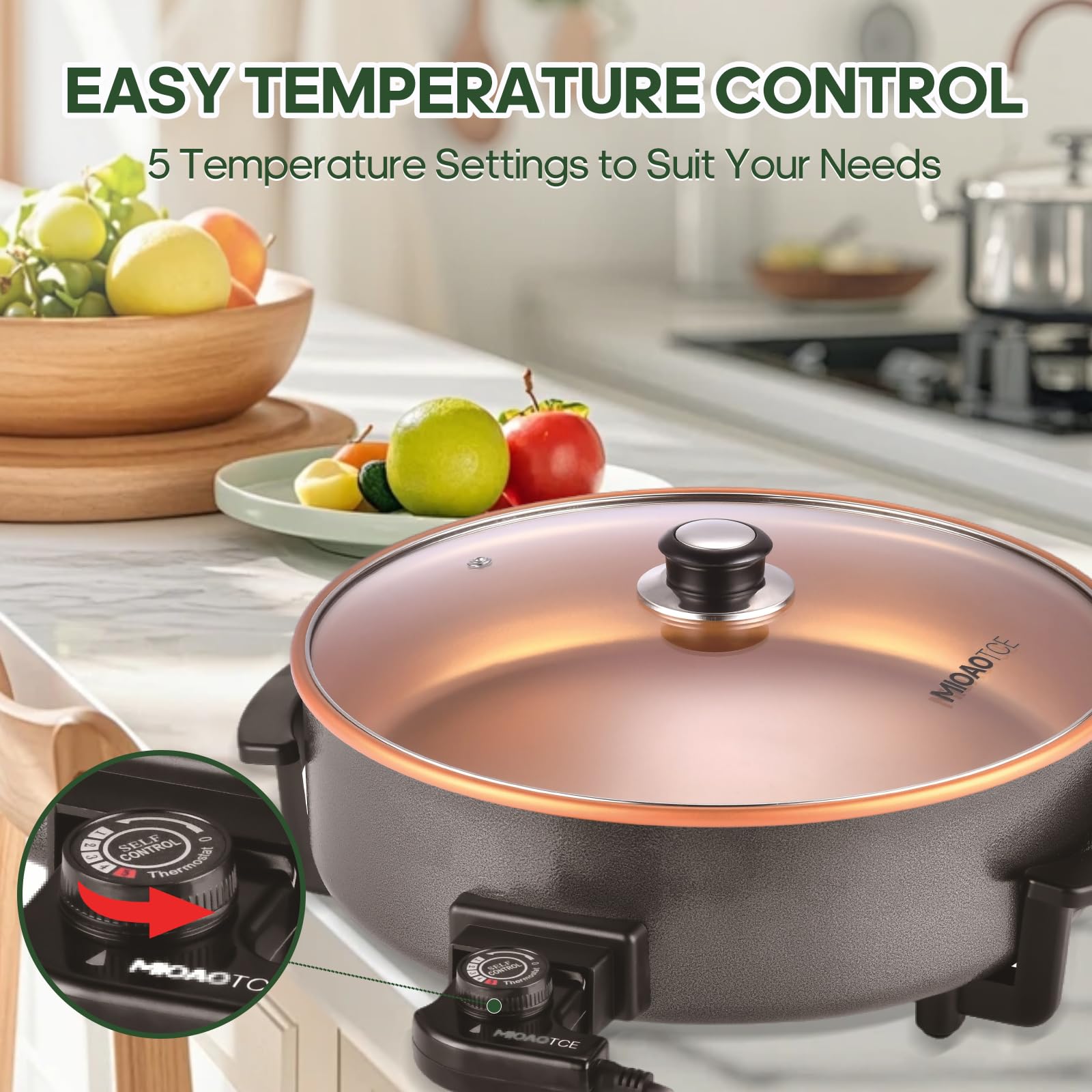 MIOAOTCE 14" Large Electric Skillet with lid, Ceramic Nonstick Coating Electric Frying Pan, 1500W Quick & Even Heating, 5 Adjustable Temperature Control, Tempered Glass Lid & Cool-Touch Handles