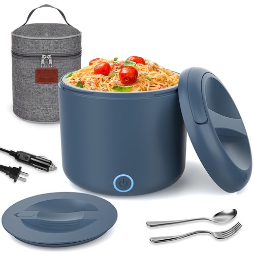 Herrfilk Electric Lunch Box Food Heater, 1.2L/41oz Heated Lunch Boxes for Adults, 12V/24V/110V Portable Food Warmer for Car/Truck/Office With Fork Spoon and Insulated Carry Bag（Blue）