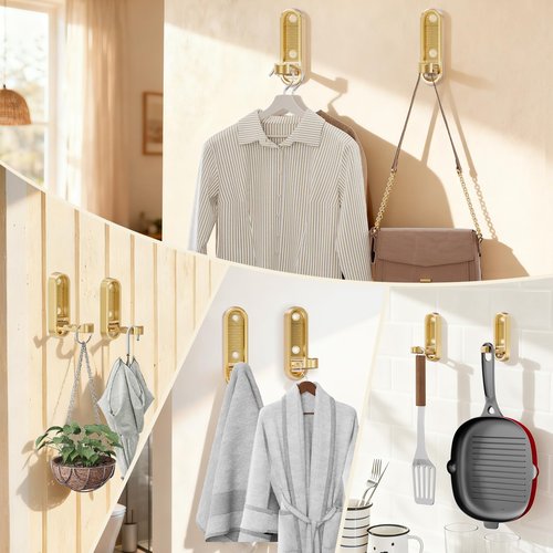 CMRUI Folding Coat Hooks, Heavy Duty Zinc Alloy Wall Hooks for Hanging Clothes, Bags, Hats, Keys - Adhesive & Screw Mounting for Bathroom, Kitchen, Entryway, Closet (4-Pack, Gold)